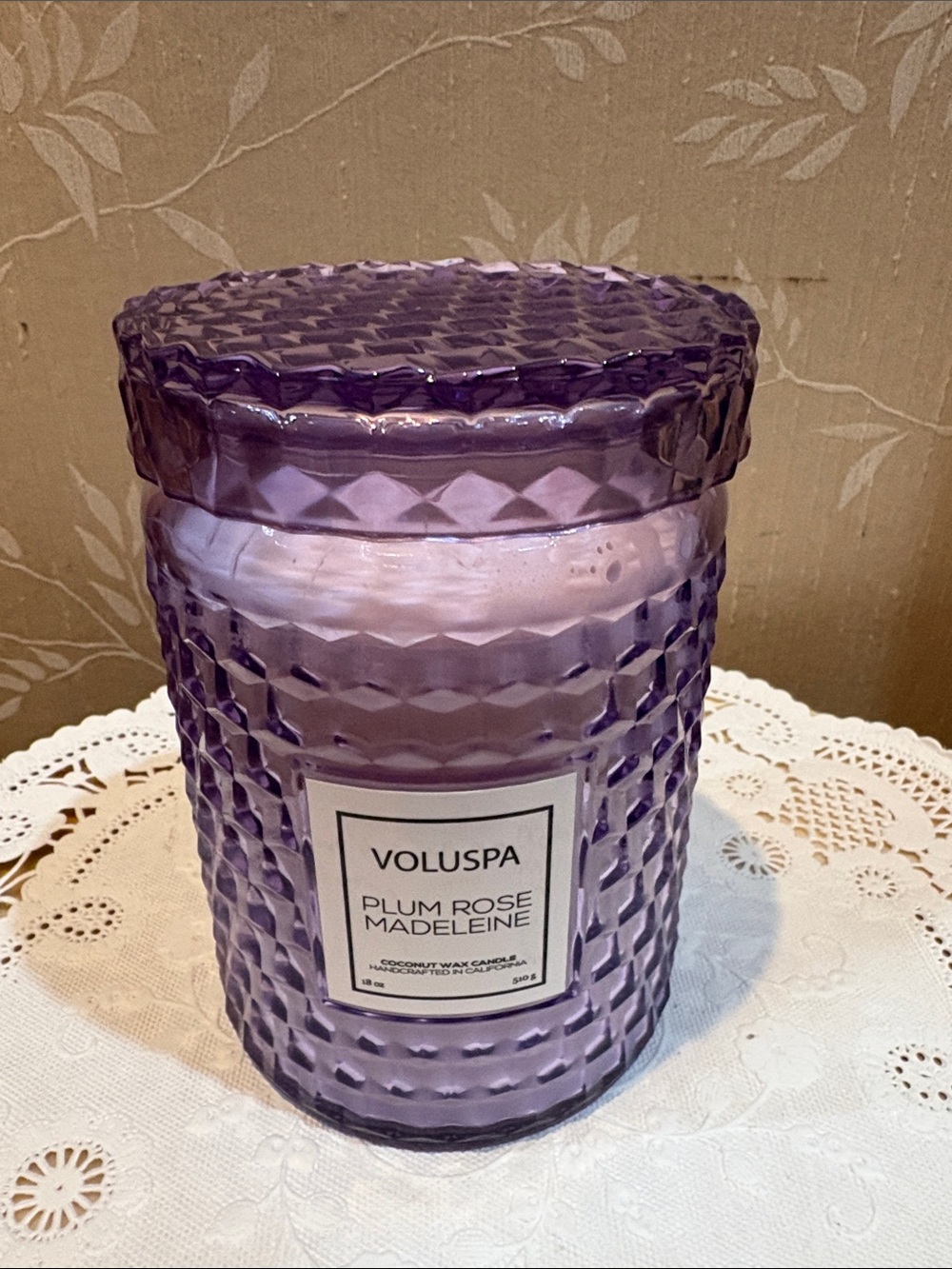 Voluspa Plum Rose Madeline Candle in Purple Textured Glass Scented Candle Jar